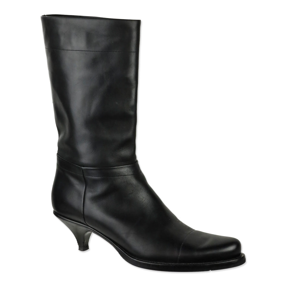 Prada Black Leather Kitten-Heel Calf Boots