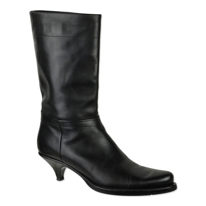 Prada Black Leather Kitten-Heel Calf Boots