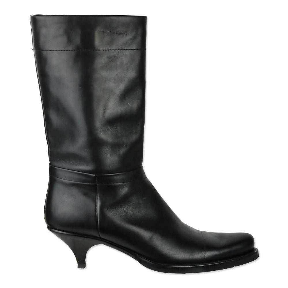 Prada Black Leather Kitten-Heel Calf Boots