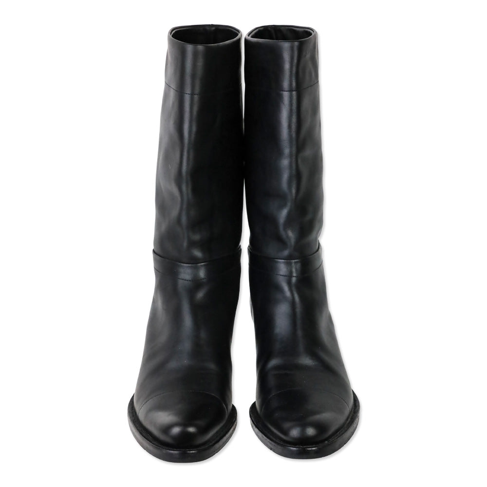 Prada Black Leather Kitten-Heel Calf Boots