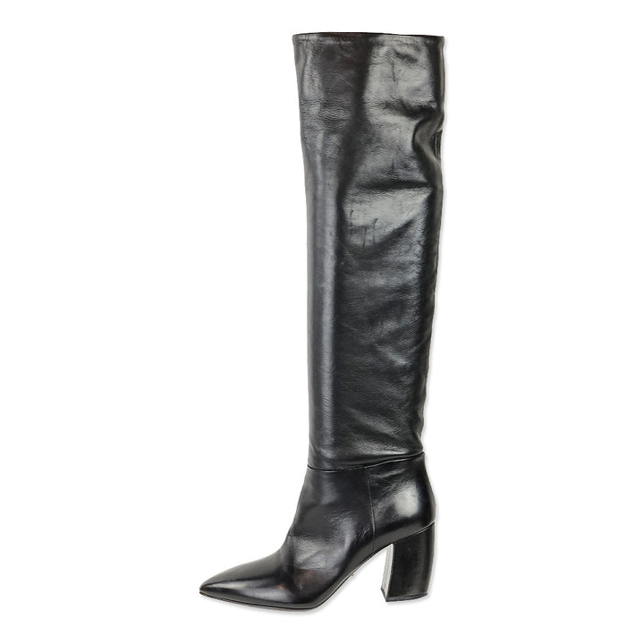Prada Black Leather Pointed Toe Over-the-Knee Heeled Boots
