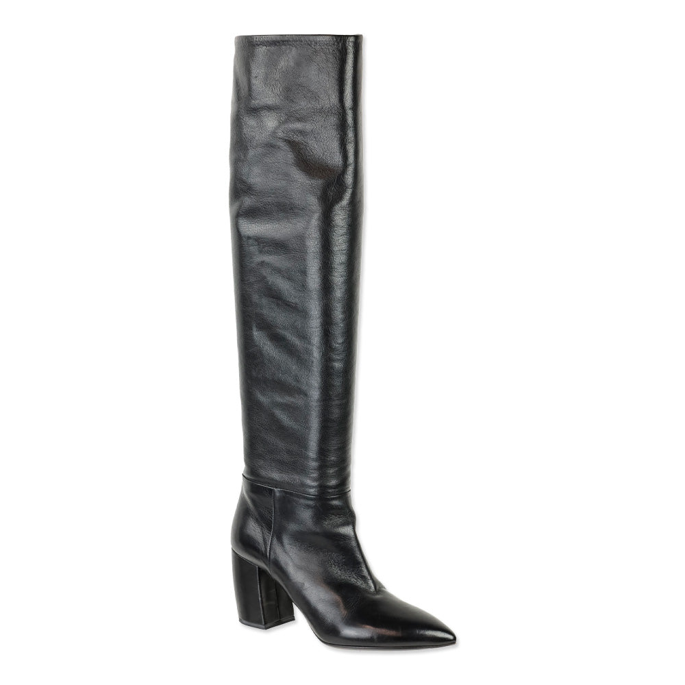 Prada Black Leather Pointed Toe Over-the-Knee Heeled Boots