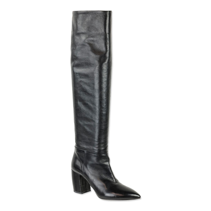 Prada Black Leather Pointed Toe Over-the-Knee Heeled Boots
