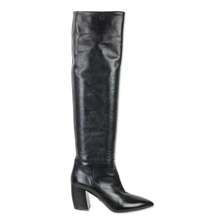 Prada Black Leather Pointed Toe Over-the-Knee Heeled Boots