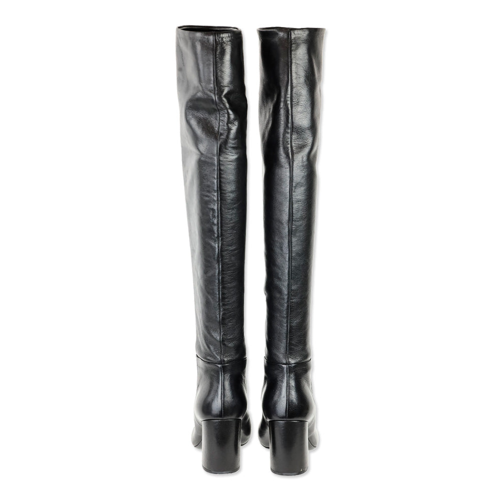 Prada Black Leather Pointed Toe Over-the-Knee Heeled Boots