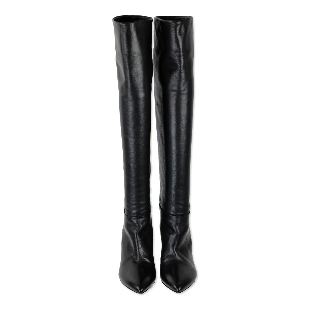 Prada Black Leather Pointed Toe Over-the-Knee Heeled Boots