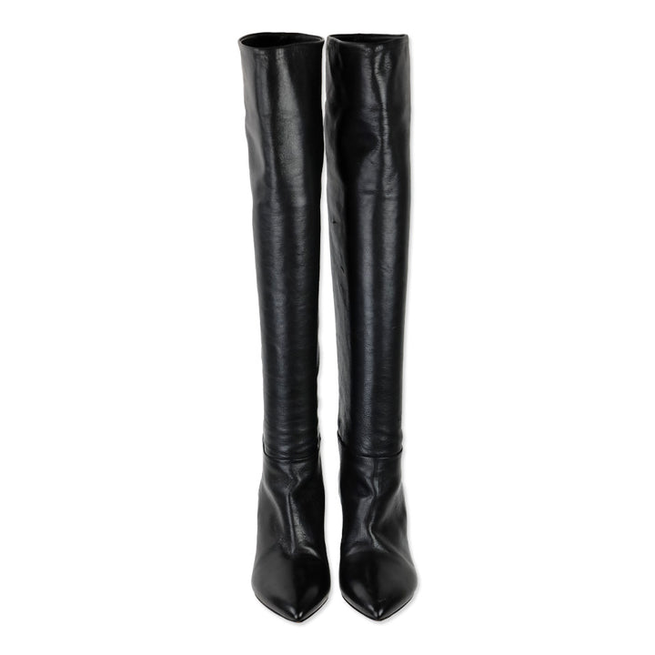 Prada Black Leather Pointed Toe Over-the-Knee Heeled Boots
