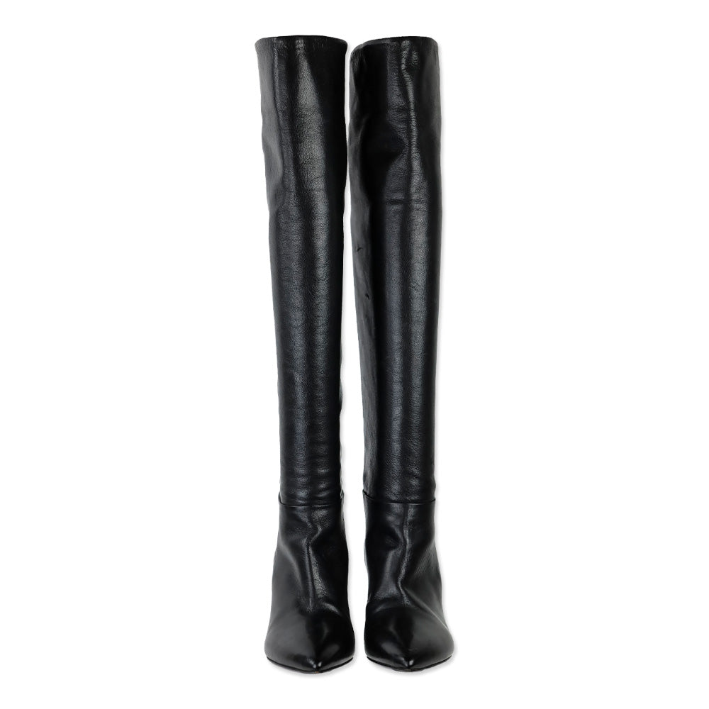 Prada Black Leather Pointed Toe Over-the-Knee Heeled Boots