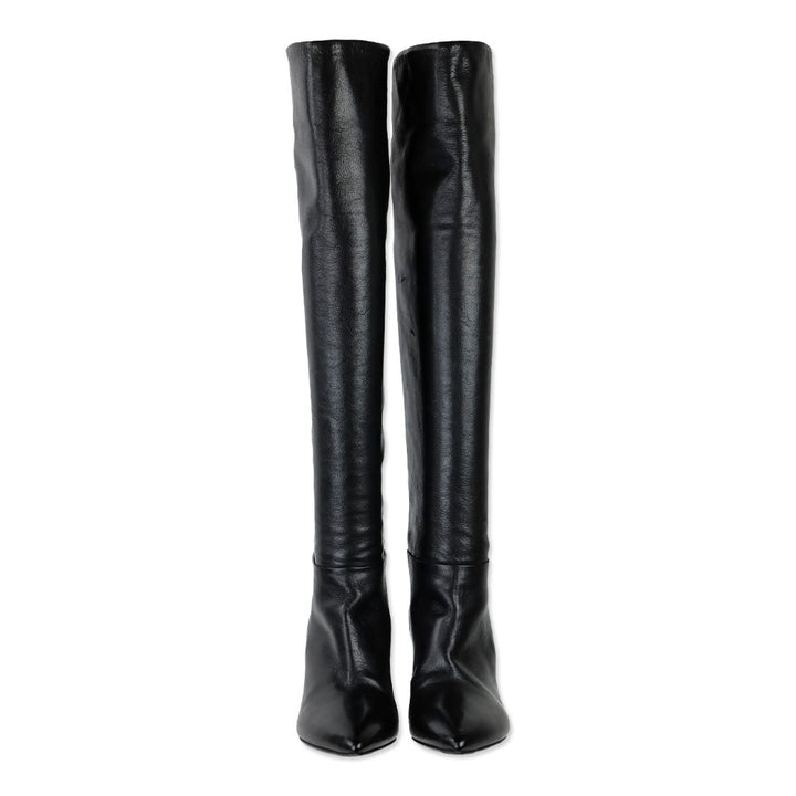 Prada Black Leather Pointed Toe Over-the-Knee Heeled Boots