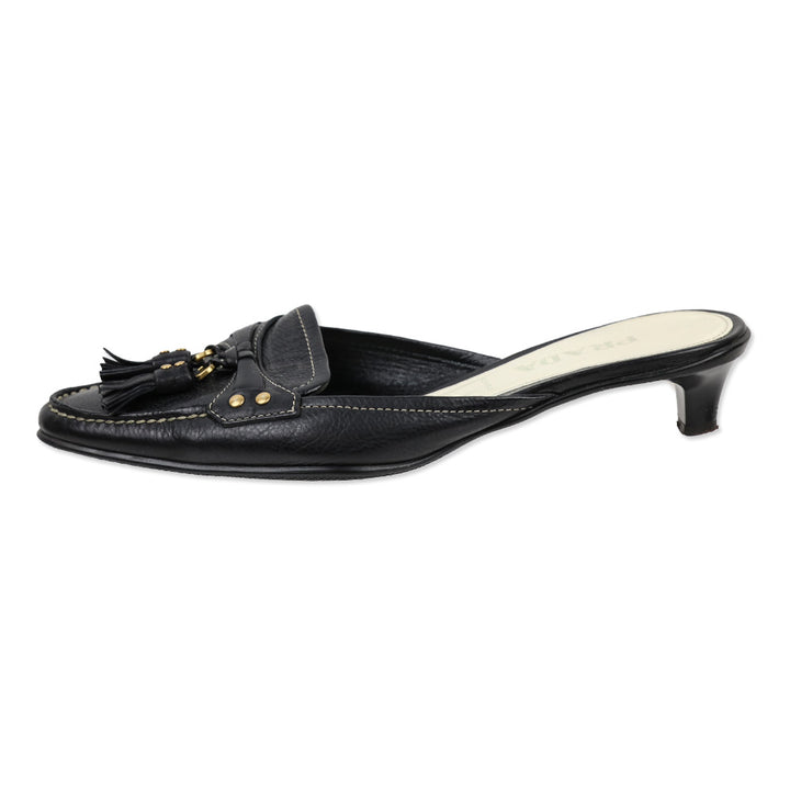 Prada Black Leather Tassel Loafer Kitten Mule