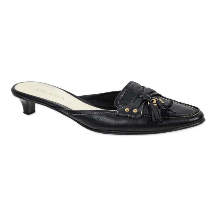 Prada Black Leather Tassel Loafer Kitten Mule