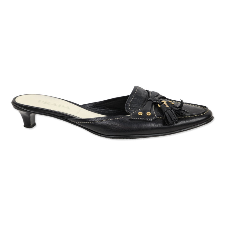 Prada Black Leather Tassel Loafer Kitten Mule