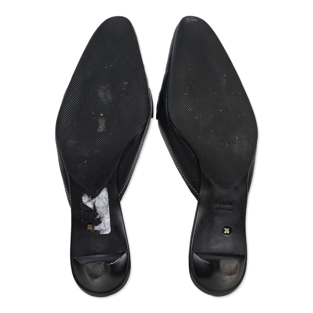 Prada Black Leather Tassel Loafer Kitten Mule
