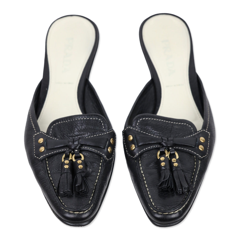 Prada Black Leather Tassel Loafer Kitten Mule