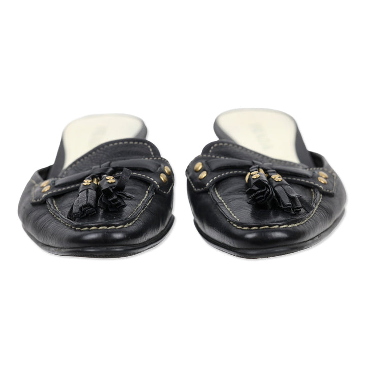 Prada Black Leather Tassel Loafer Kitten Mule