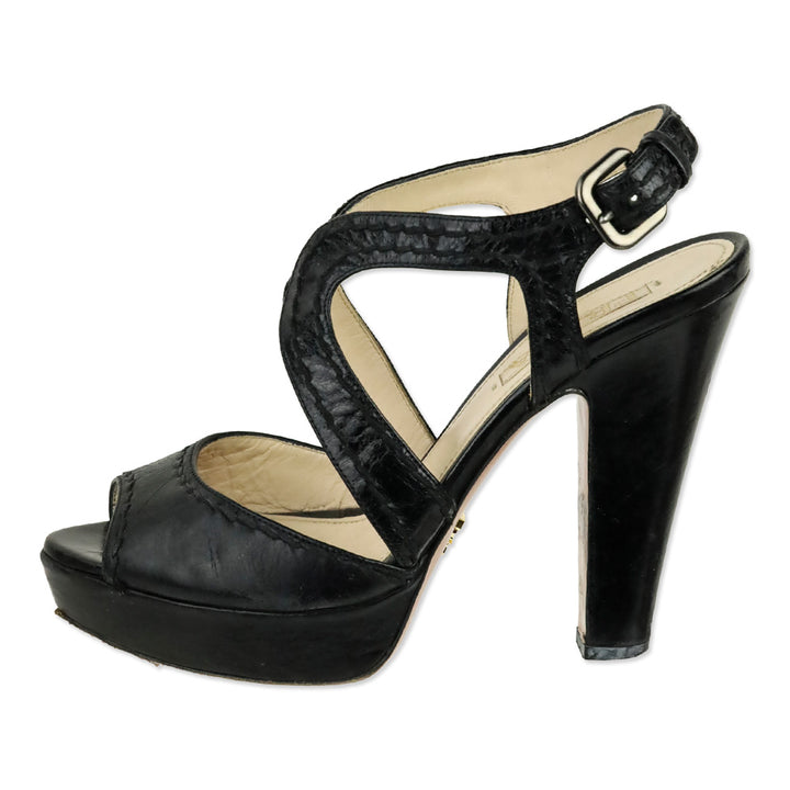 Prada Black Leather Whipstitch Strappy Platform Sandal
