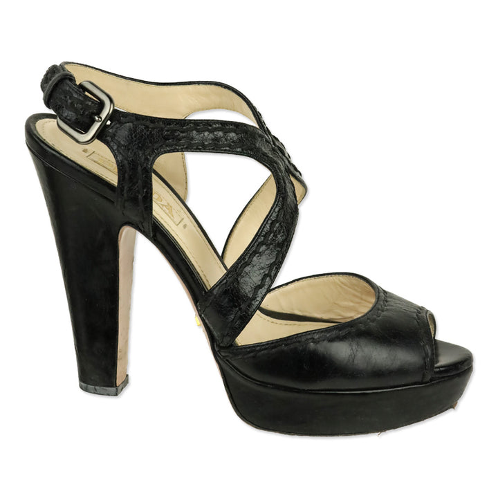 Prada Black Leather Whipstitch Strappy Platform Sandal