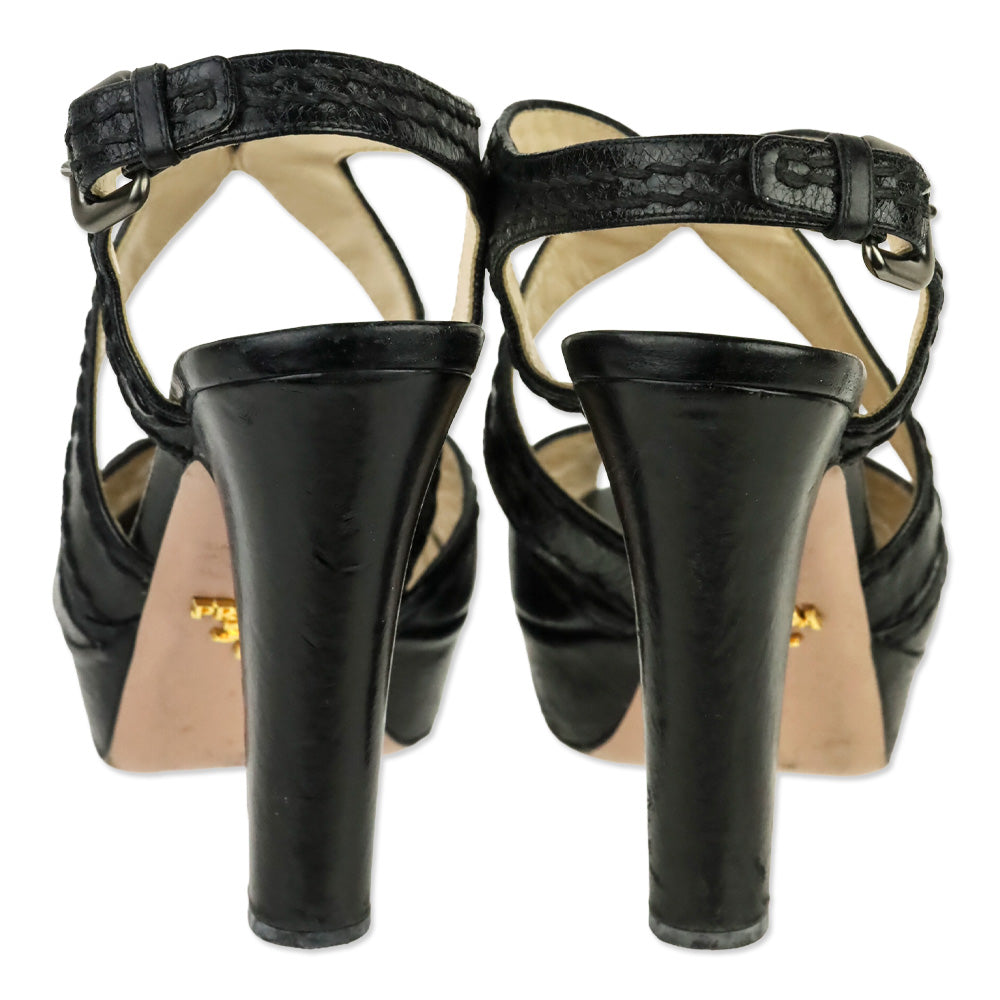 Prada Black Leather Whipstitch Strappy Platform Sandal