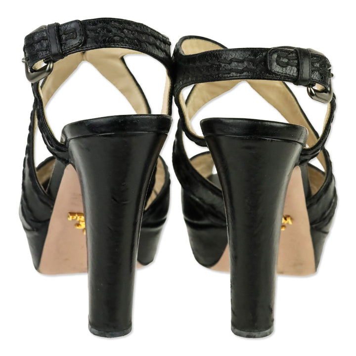 Prada Black Leather Whipstitch Strappy Platform Sandal