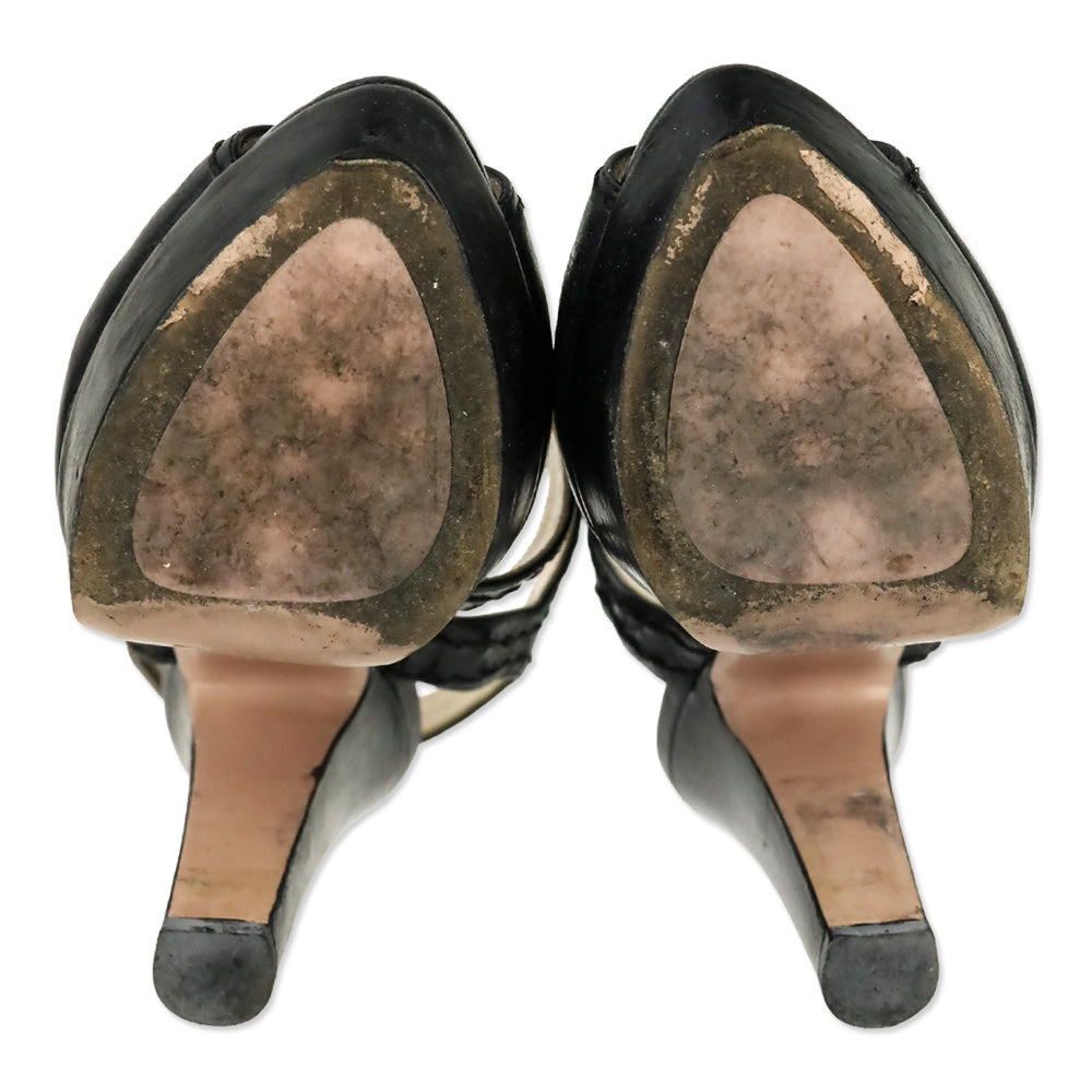 Prada Black Leather Whipstitch Strappy Platform Sandal