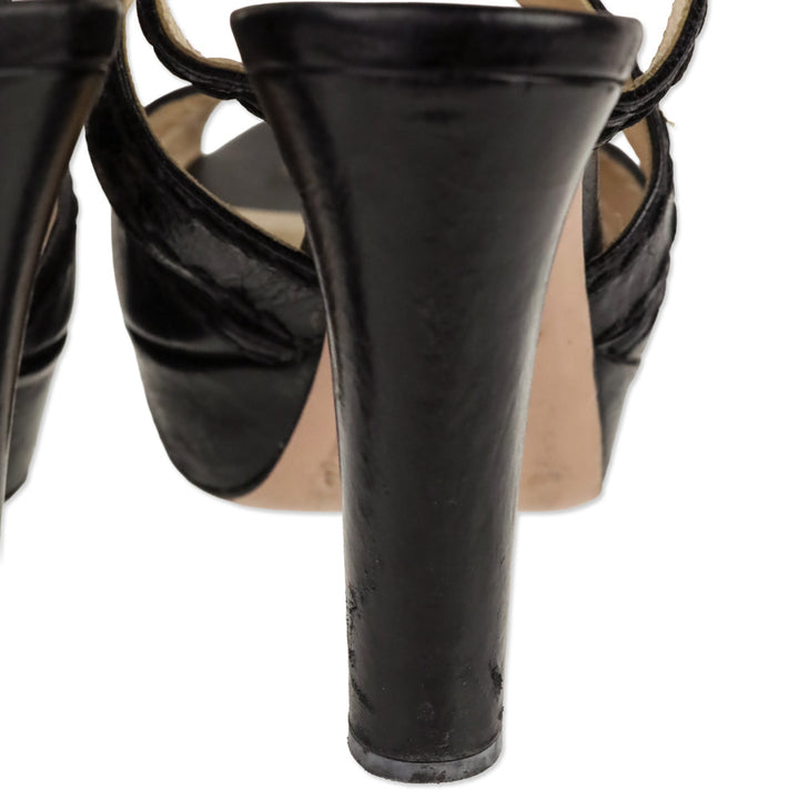 Prada Black Leather Whipstitch Strappy Platform Sandal