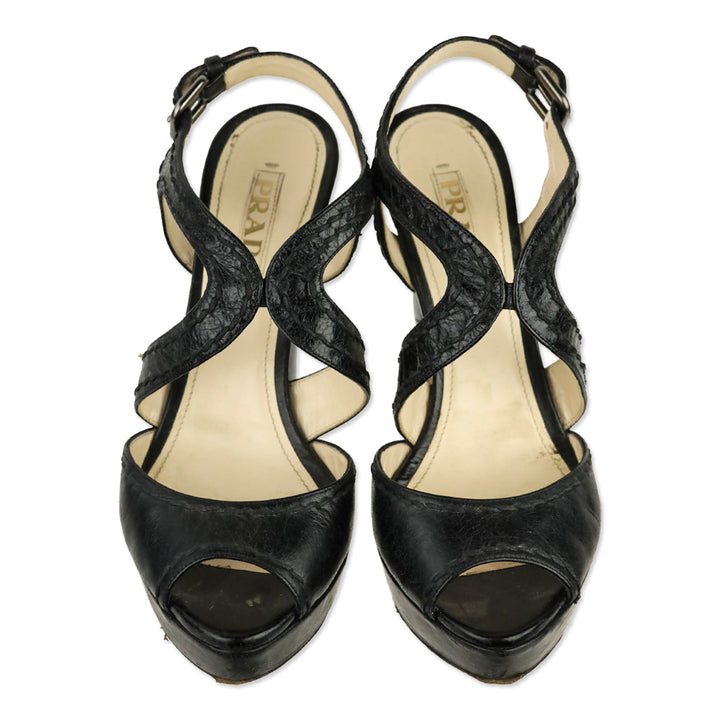 Prada Black Leather Whipstitch Strappy Platform Sandal