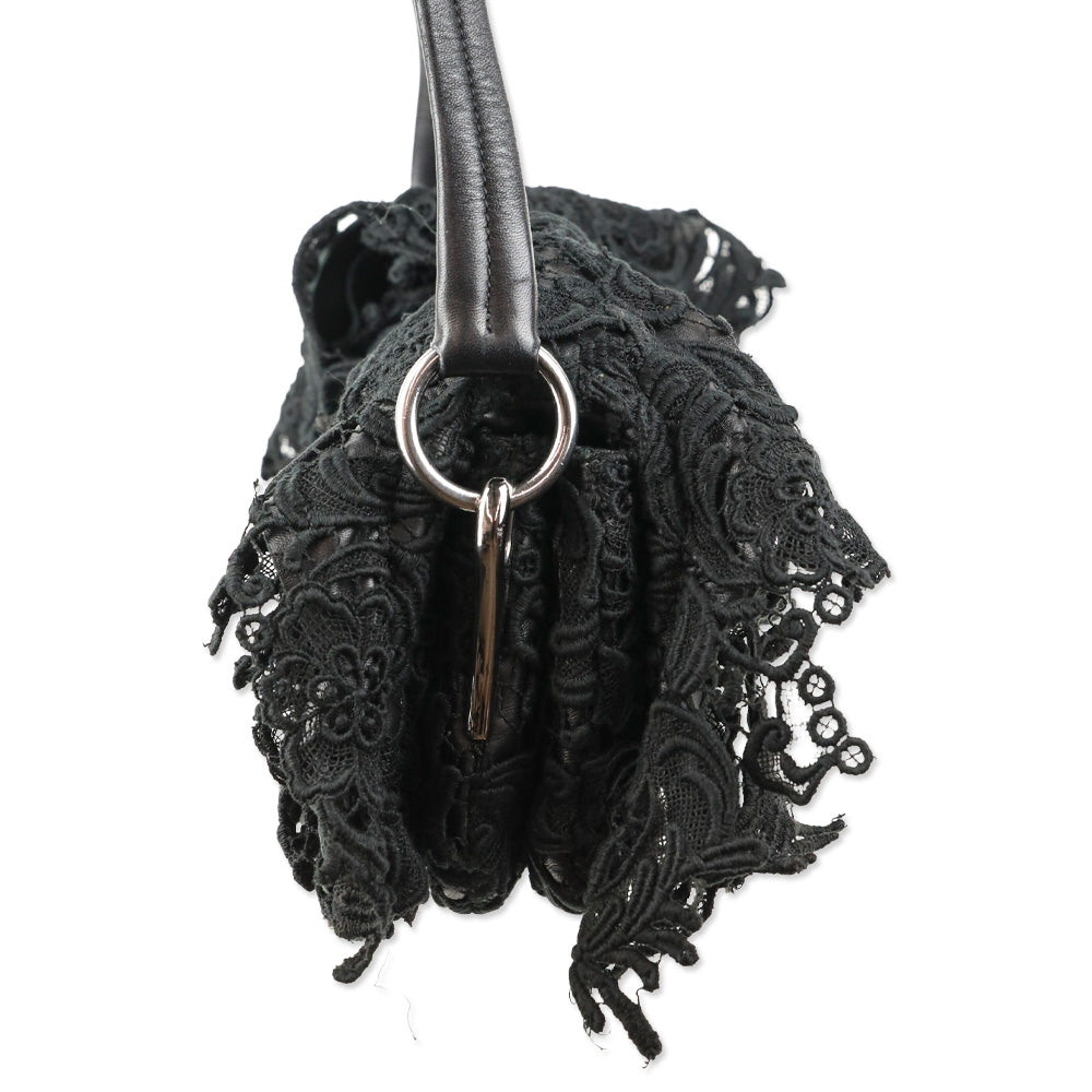 Prada Black Leather and Lace Pizzo Baguette Flap Shoulder Bag