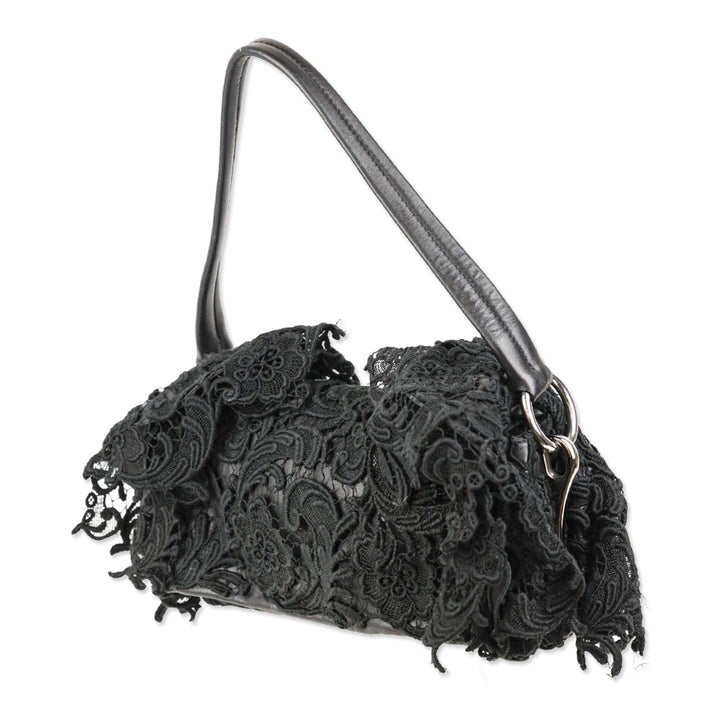 Prada Black Leather and Lace Pizzo Baguette Flap Shoulder Bag