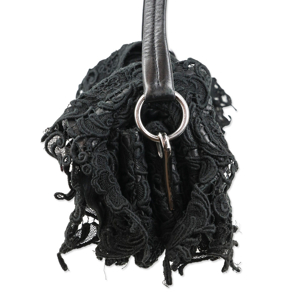 Prada Black Leather and Lace Pizzo Baguette Flap Shoulder Bag