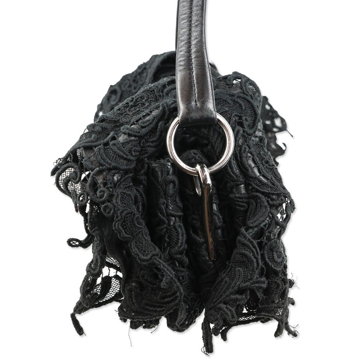 Prada Black Leather and Lace Pizzo Baguette Flap Shoulder Bag