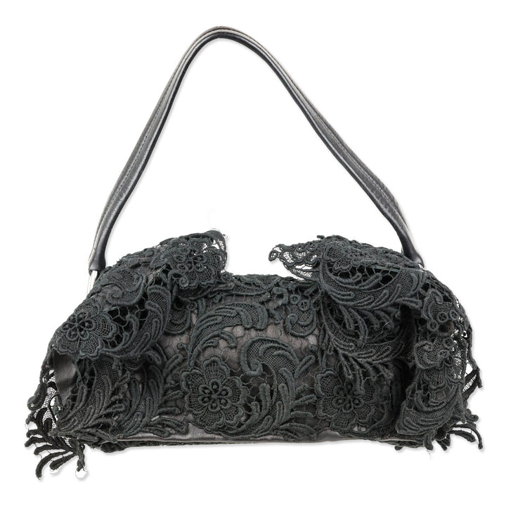 Prada Black Leather and Lace Pizzo Baguette Flap Shoulder Bag