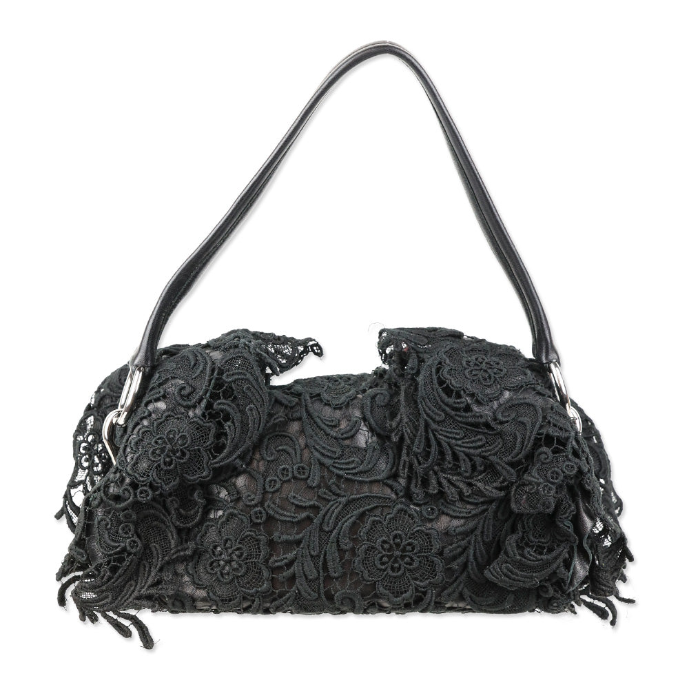Prada Black Leather and Lace Pizzo Baguette Flap Shoulder Bag