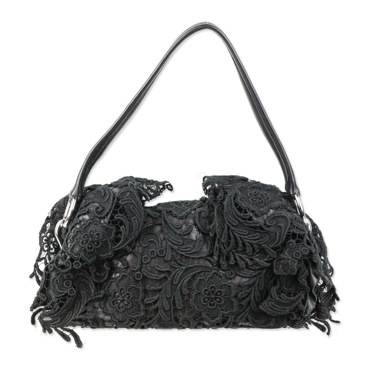 Prada Black Leather and Lace Pizzo Baguette Flap Shoulder Bag