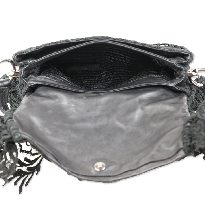 Prada Black Leather and Lace Pizzo Baguette Flap Shoulder Bag