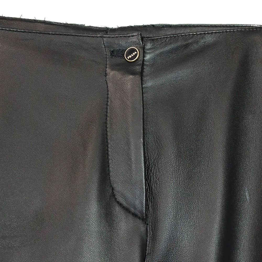 Prada Black Mid-Rise Skinny Leather Pants with Ribbon Trim