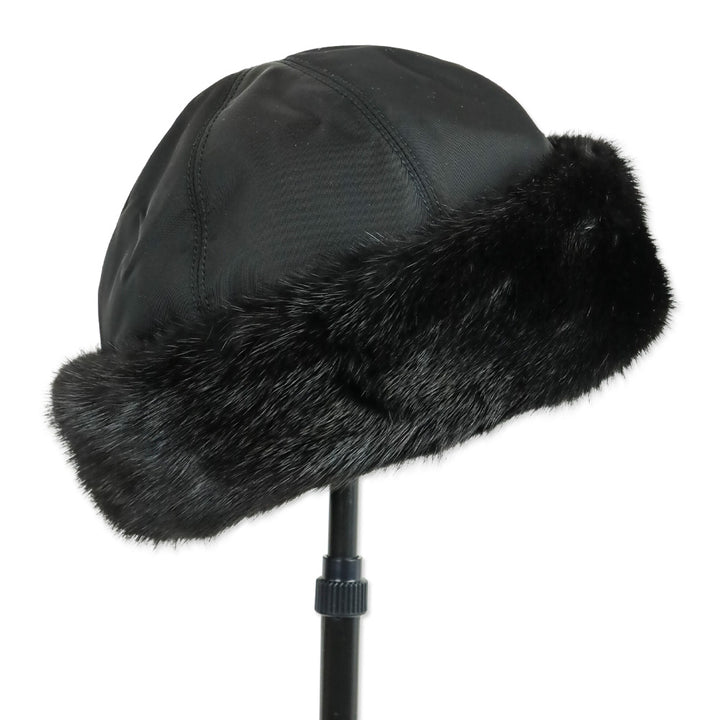 Prada Black Mink Fur Trim Nylon Hat