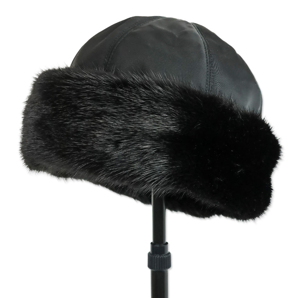 Prada Black Mink Fur Trim Nylon Hat