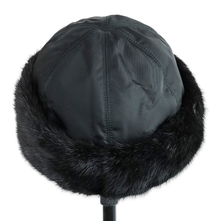 Prada Black Mink Fur Trim Nylon Hat