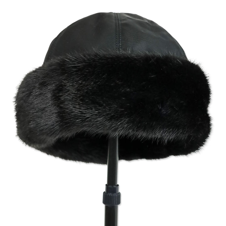 Prada Black Mink Fur Trim Nylon Hat