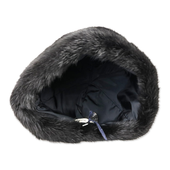 Prada Black Mink Fur Trim Nylon Hat