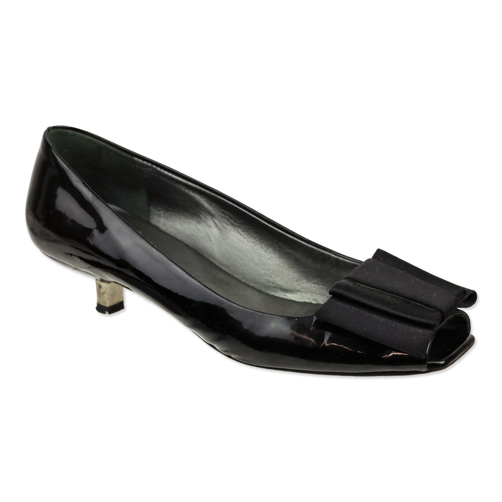 Prada Black Patent Grosgrain Bows Peep Toe Pumps