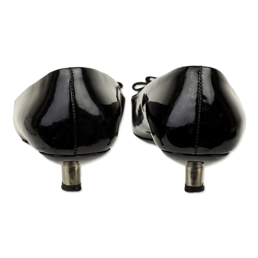 Prada Black Patent Grosgrain Bows Peep Toe Pumps