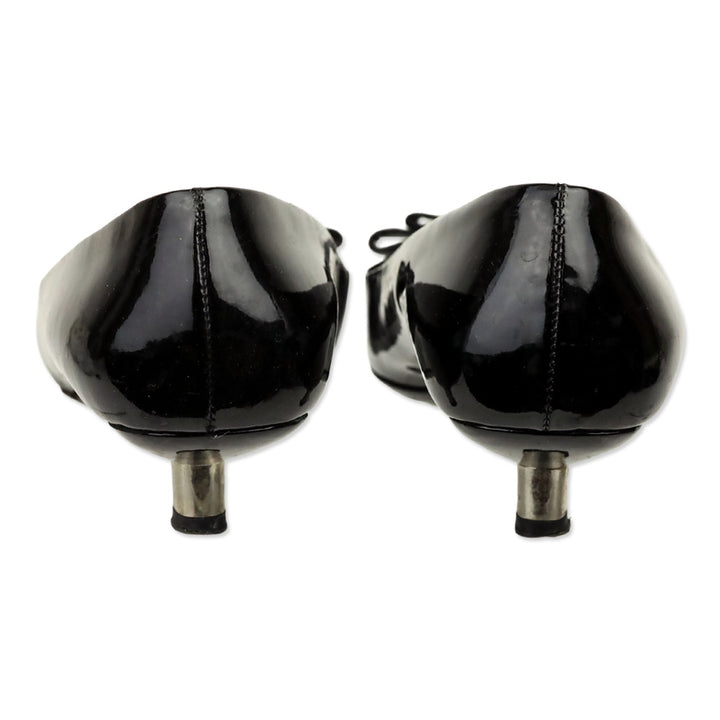 Prada Black Patent Grosgrain Bows Peep Toe Pumps