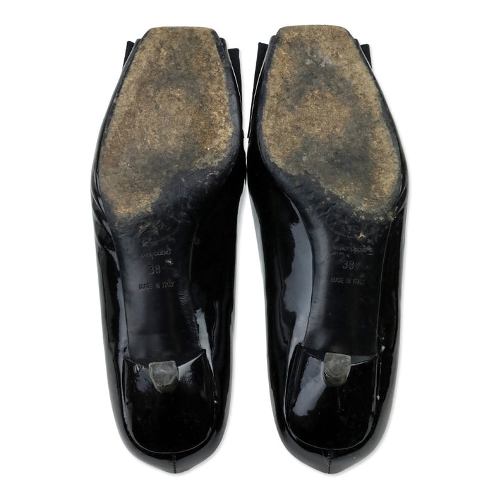 Prada Black Patent Grosgrain Bows Peep Toe Pumps