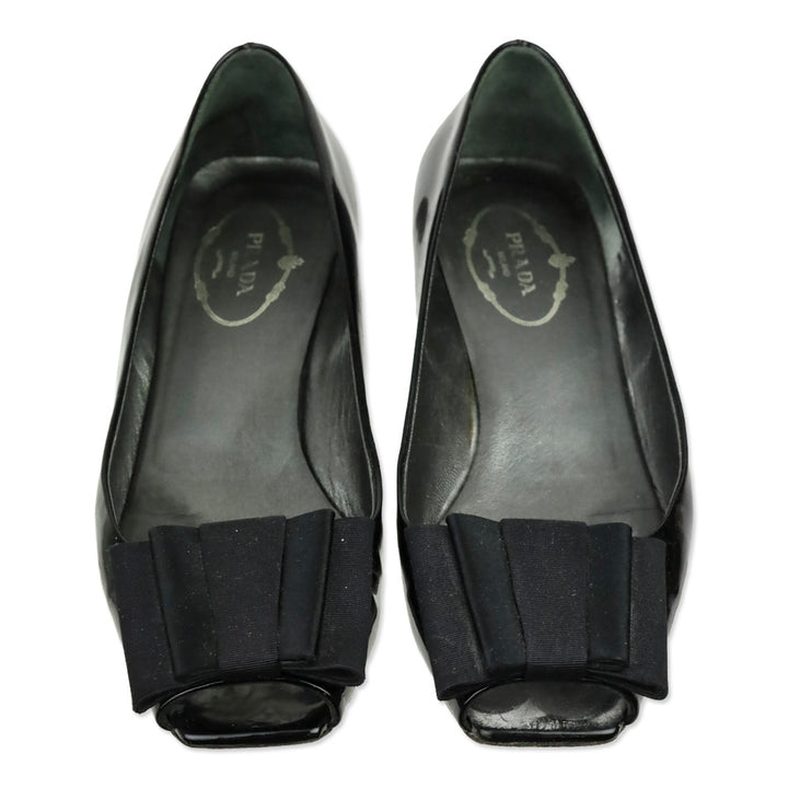Prada Black Patent Grosgrain Bows Peep Toe Pumps