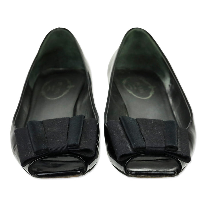 Prada Black Patent Grosgrain Bows Peep Toe Pumps