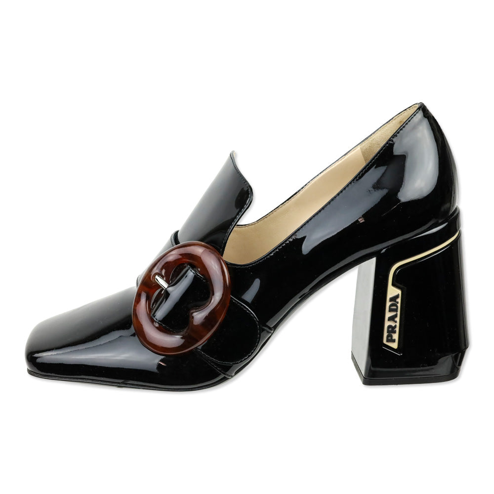 Prada Black Patent Leather Amber Buckle Loafer Pump