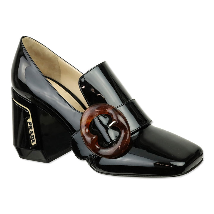 Prada Black Patent Leather Amber Buckle Loafer Pump