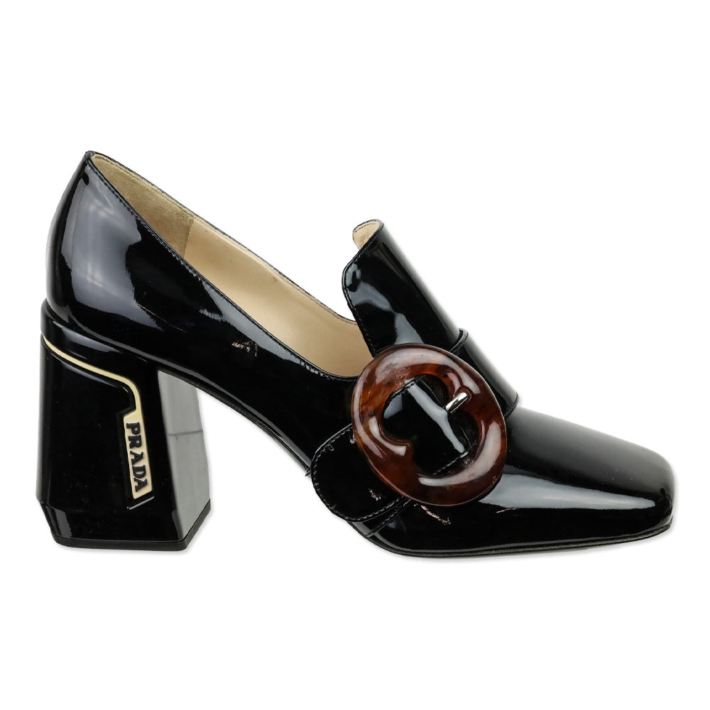 Prada Black Patent Leather Amber Buckle Loafer Pump