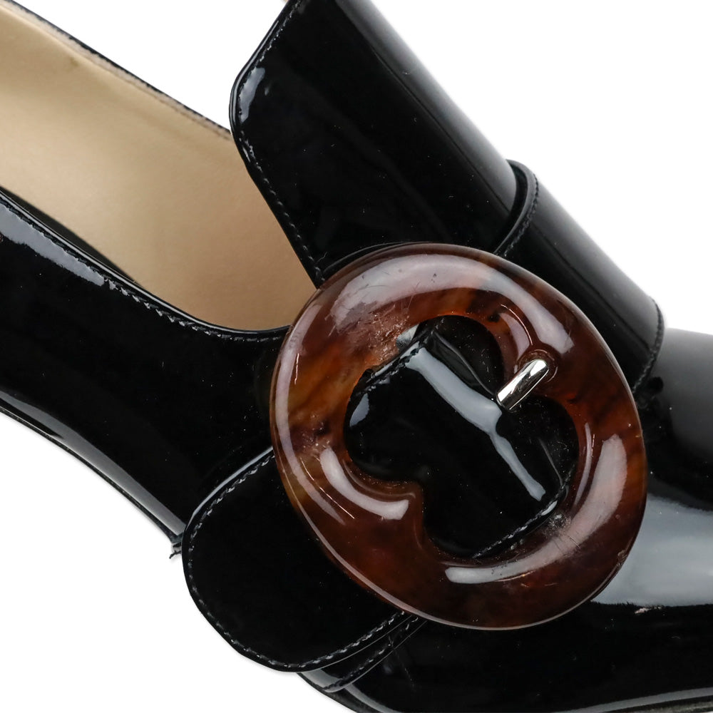 Prada Black Patent Leather Amber Buckle Loafer Pump